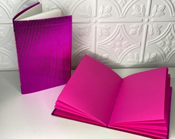 Hot Pink Metallic Travel Journal, Corrugated A5 Notebook, Birthday Gift, Gift for Her, Baby Shower Guest Book