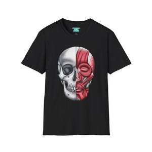 解剖学的頭蓋骨Tシャツ、顔面筋の医学的イラスト、半袖頭蓋骨シャツ
