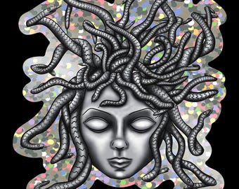 Medusa Glitter Sticker, Greek Mythology Vinyl Decal, Black and Silver Sticker, Snake Hair