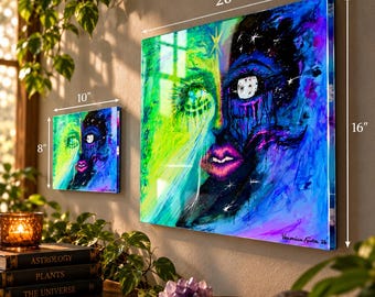 Planetary Vision Art Print – Earth and Moon Surreal Woman Art Print, Celestial Wall Art, Psychedelic Portrait, Cosmic Gothic Decor