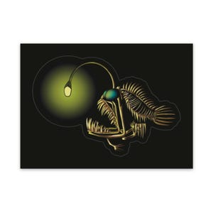 May include: A sticker featuring a stylized illustration of an anglerfish. The design showcases the fish's skeletal structure in a golden hue, with a glowing lure and a teal eye, set against a black background.