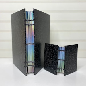 Handmade Black Glitter Notebook with Holographic Binding, Coptic Travel Journal, Iridescent Glitter Journal