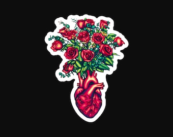 Anatomical Heart with Roses Sticker, Cardiology Vinyl Decal, Gothic Romance, Anatomy Sticker