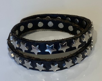 Leather wrap bracelet with silver stars