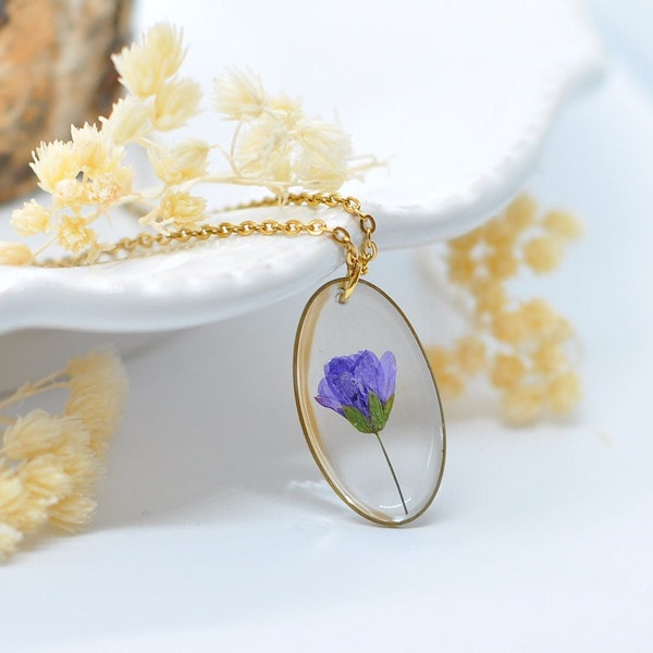 Pendentif vraie fleur de géranium sauvage, violette, bijoux femme, résine et fleurs séchées, cadeau pour femme, fête des mères