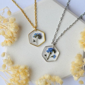 Women's necklace real pressed forget-me-not Resin and dried flower jewelry women's gift Flower jewelry image 1