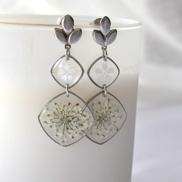 Boucles d'oreilles pendantes vraies fleurs, bijou fleurs, cadeau pour maman, bijoux mariage, cadeau petite-amie, bijoux fait-mains