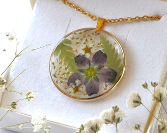 Pendant of real dried flowers, jewelry for women in stainless steel, original gift for her