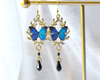 Boucles d'oreilles longues papillons Morpho bleu, bijoux féeriques, cadeau pour femme, fait-mains en France