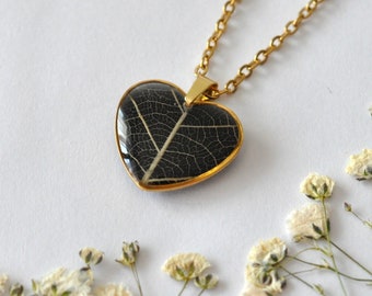 Botanical heart pendant necklace, real natural leaf skeleton, gold stainless steel, resin, handmade, women's gift idea