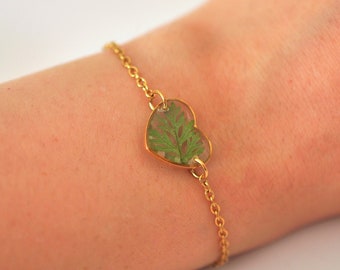 Bracelet de vraie petite fougère pressée, bracelet pour femme en acier inoxydable, doré ou argenté, cadeau bracelet pour femme, bijou résine