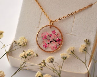 Collier Sakura, pendentif de fleurs de cerisier, branche de cerisier, bijou de printemps, pendentif en résine et vraies fleurs séchées