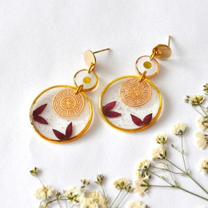 Golden earrings with real flowers, Aztec style, original jewelry for women, gift for her, wedding earrings,  gift for mom.
