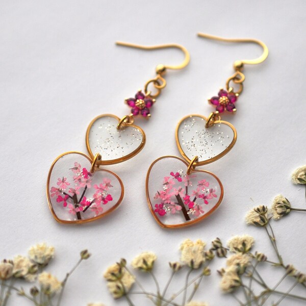 Boucles d'oreilles Sakura, branche de cerisier, bijou résine et fleurs séchées, bijou femme, boucles d'oreilles longues en acier inoxydable