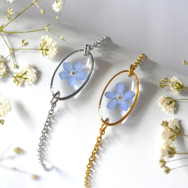 Bracelet de vraie fleur de myosotis, bracelet simple pour femme, cadeau minimaliste pour elle, chaine en acier inoxydable