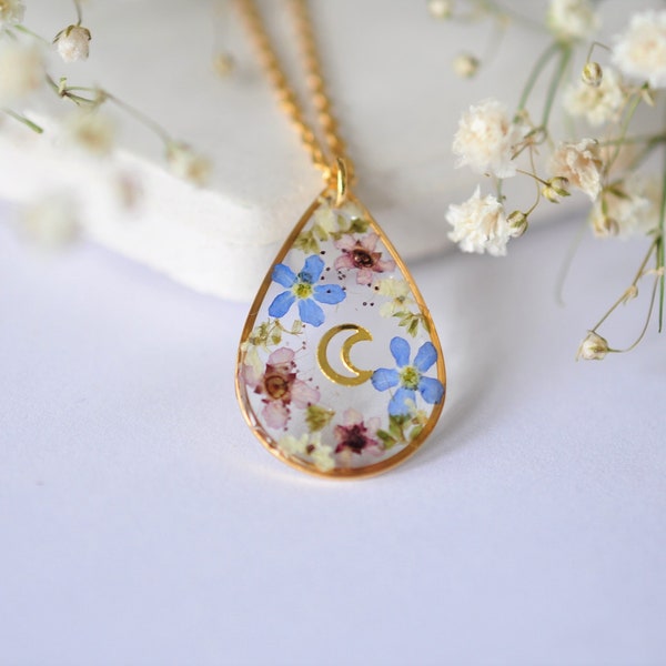 Collier féérique avec véritable fleurs séchées, bijoux femmes, acier inoxydable doré à l'or fin, bijoux résine et fleurs préssées