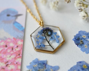 Forget-me-not Necklace, Real Flower Pendant, Resin Jewelry