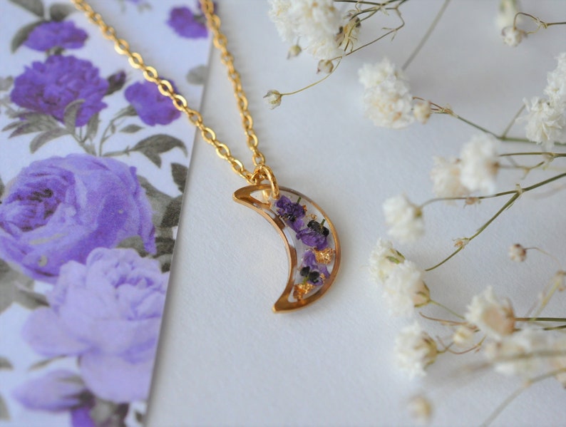 Unique Crescent Moon Pendant Women's Necklace Stainless Steel with Real Dried Flowers Preserved in Resin Minimalist Jewelry Gift for Her image 3