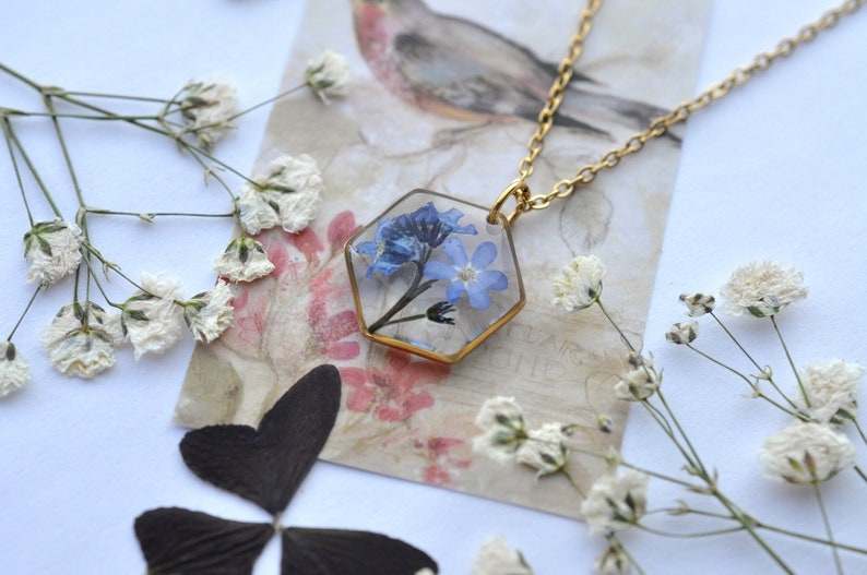 Women's necklace real pressed forget-me-not Resin and dried flower jewelry women's gift Flower jewelry image 4