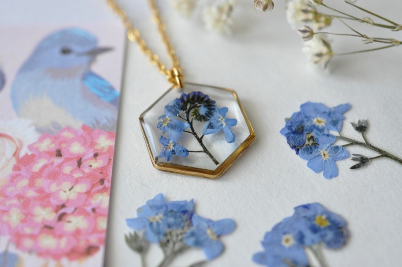 Women's necklace real pressed forget-me-not Resin and dried flower jewelry women's gift Flower jewelry image 5