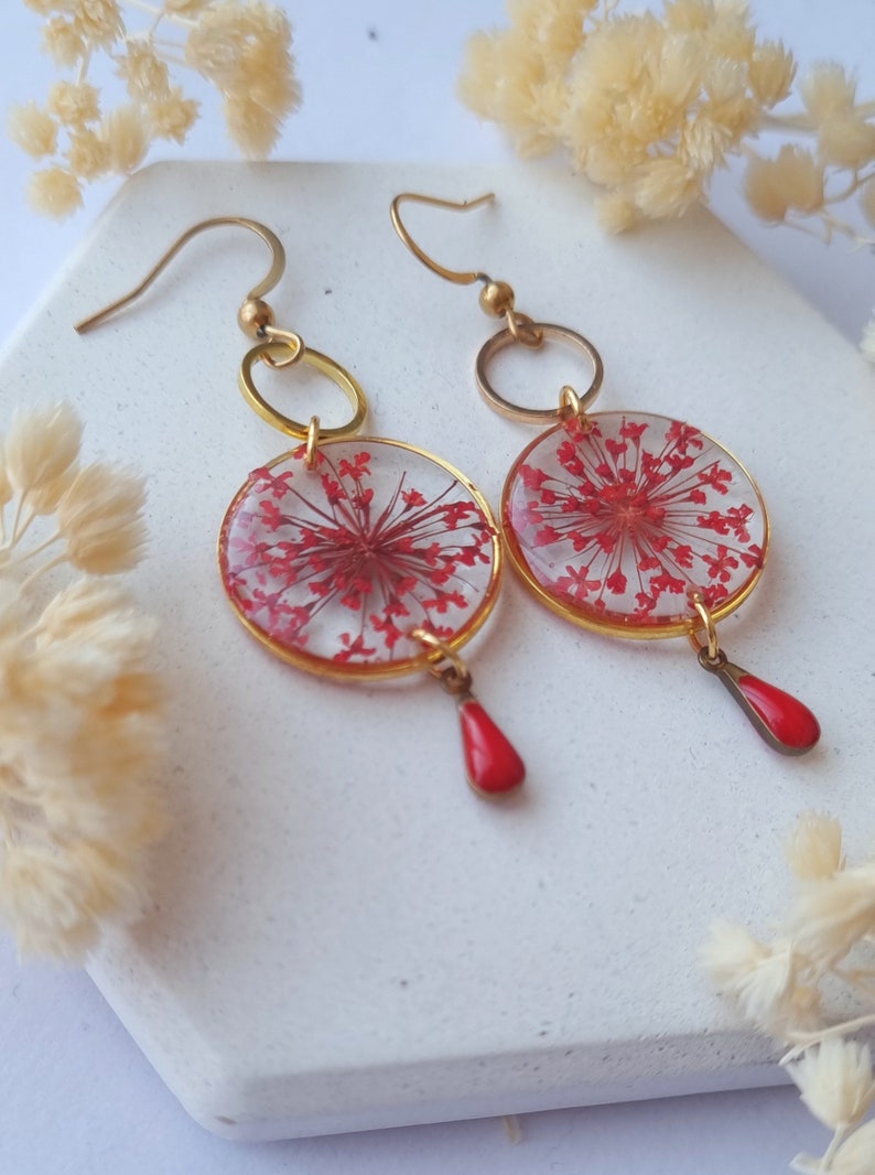 Boucles d'oreilles de vraies fleurs rouges, Bijou en résine et fleurs séchées, cadeau pour femme, anniversaire, Bijou mariage, bijoux femme image 10