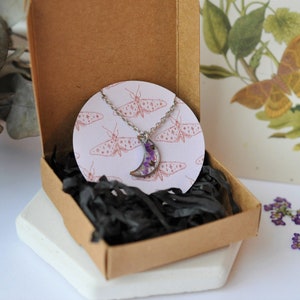 Unique Crescent Moon Pendant Women's Necklace Stainless Steel with Real Dried Flowers Preserved in Resin Minimalist Jewelry Gift for Her image 7