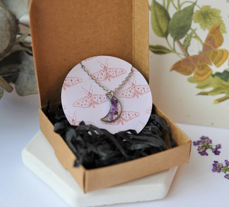 Unique Crescent Moon Pendant Women's Necklace Stainless Steel with Real Dried Flowers Preserved in Resin Minimalist Jewelry Gift for Her image 7