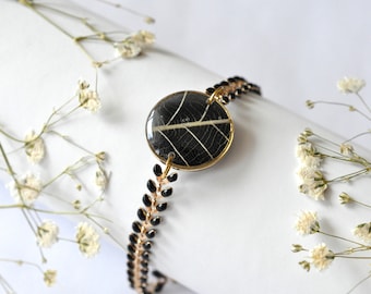 Women's bracelet in gold stainless steel, adjustable bracelet for women, black bracelet, botanical bracelet, gift idea for her, resin