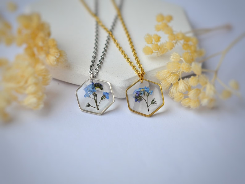 Women's necklace real pressed forget-me-not Resin and dried flower jewelry women's gift Flower jewelry image 8