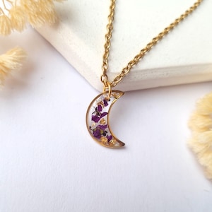 Unique Crescent Moon Pendant Women's Necklace Stainless Steel with Real Dried Flowers Preserved in Resin Minimalist Jewelry Gift for Her Or