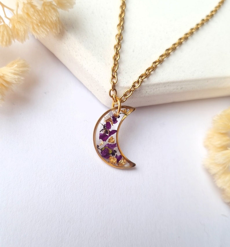 Unique Crescent Moon Pendant Women's Necklace Stainless Steel with Real Dried Flowers Preserved in Resin Minimalist Jewelry Gift for Her Or