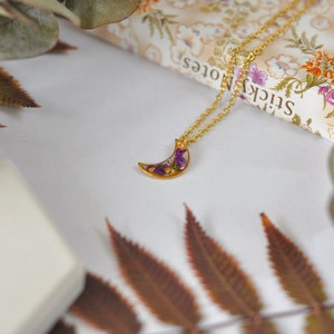 Collar de luna creciente y flores de alyssum reales, colgante de luna, collar de mujer de flores secas, regalo único de mujer, joyas para ella imagen 8