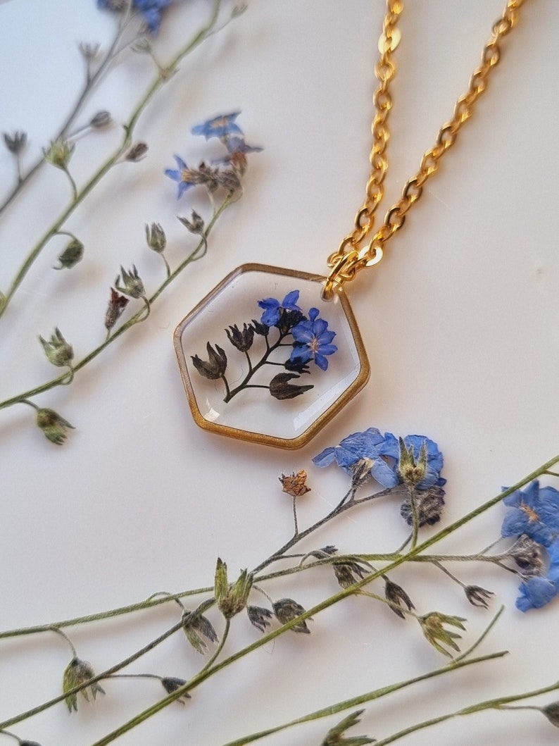 Women's necklace real pressed forget-me-not Resin and dried flower jewelry women's gift Flower jewelry image 2