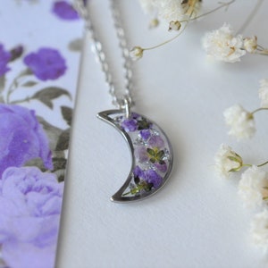 Unique Crescent Moon Pendant Women's Necklace Stainless Steel with Real Dried Flowers Preserved in Resin Minimalist Jewelry Gift for Her image 4