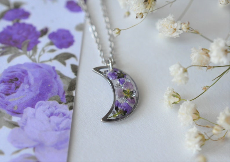 Unique Crescent Moon Pendant Women's Necklace Stainless Steel with Real Dried Flowers Preserved in Resin Minimalist Jewelry Gift for Her image 4