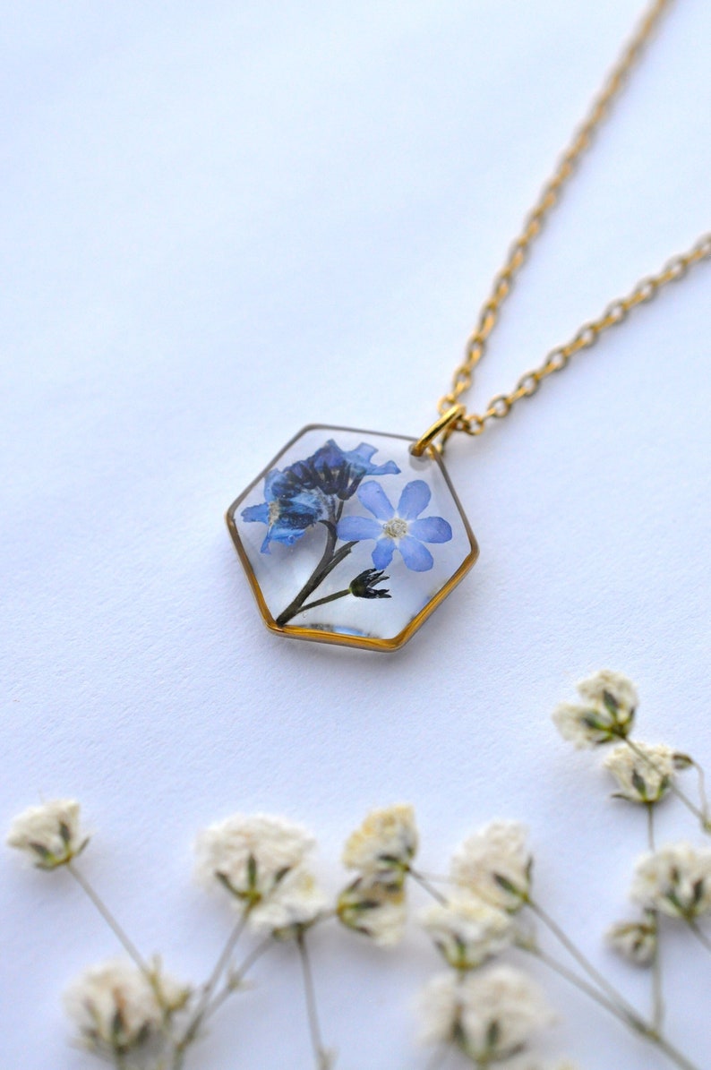 Women's necklace real pressed forget-me-not Resin and dried flower jewelry women's gift Flower jewelry image 3