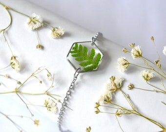 Silver bracelet and real little fern, women's jewelry, stainless steel, women's accessory, resin and dried flower jewelry, handmade jewelry