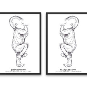 Duo Personalised Baby Print, Biro Newborn Drawing, Custom Birth Sketch, Twins, Siblings, New Born Details, Minimal Line Art, Mothers Day