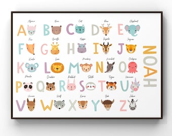 Personalised Animal Alphabet Print, Nursery Print, Safari themed Nursery, Animal Wall Art, Kids Alphabet Print, ABC Poster, Alphabet Poster