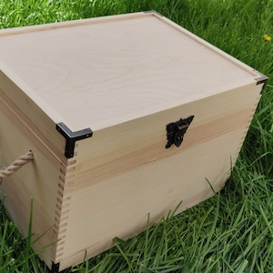 Unfinished large wooden box with hinged lid and jute handles Wood storage box with lid Stash box Storage box Keepsake box Crate Plain box