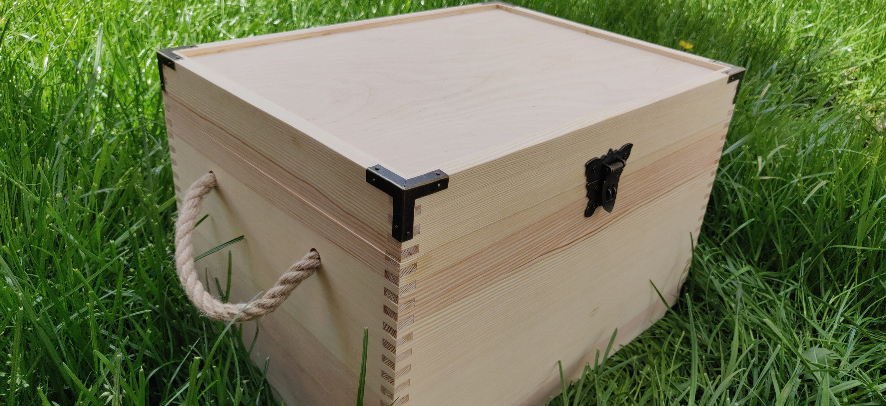 Unfinished Large Wooden Box With Hinged Lid and Jute Handles Etsy