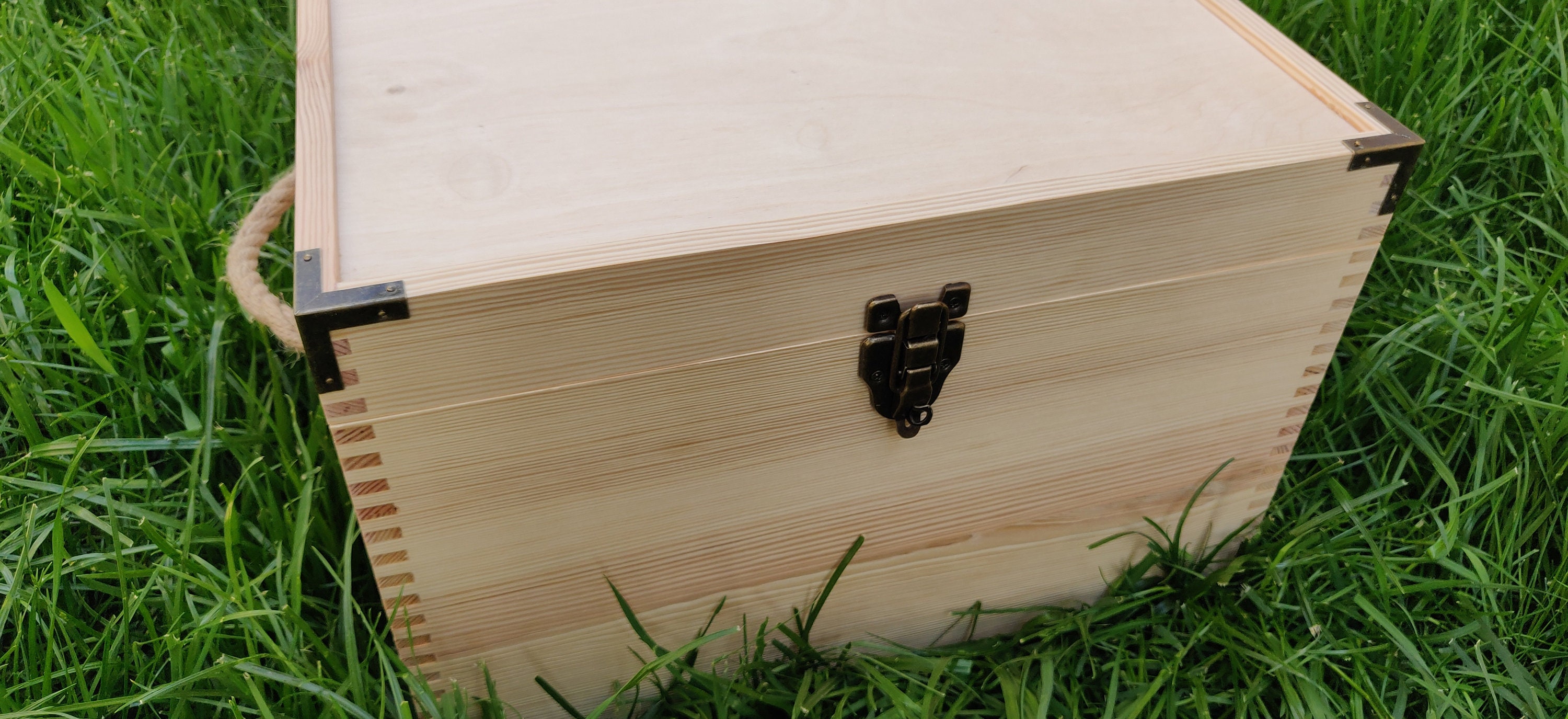 Unfinished large wooden box with hinged lid and jute handles Etsy