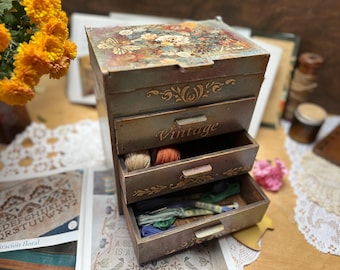 Decoupage Wooden Floss Bobbins Organizer, Sewing thread chest of drawers, Cross-stitching accessories storage box, Embroidery organizer