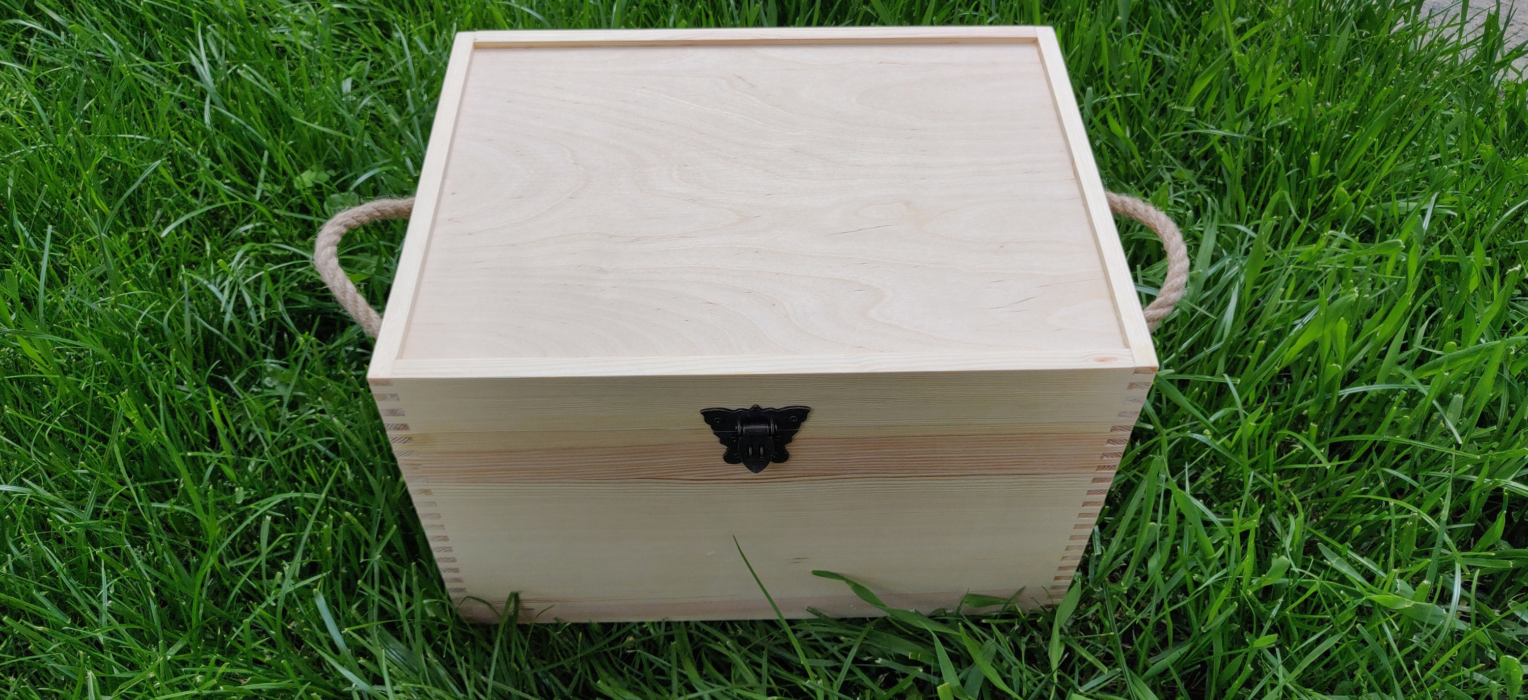 Unfinished large wooden box with hinged lid and jute handles Etsy