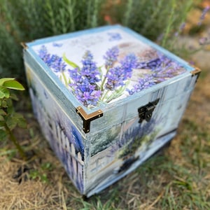 Grote lavendel aandenkendoos, houten decoupage opbergdoos, cadeau vriendin, kinderdoos, herinneringsdoos, jubileumdoos, meisjescadeau