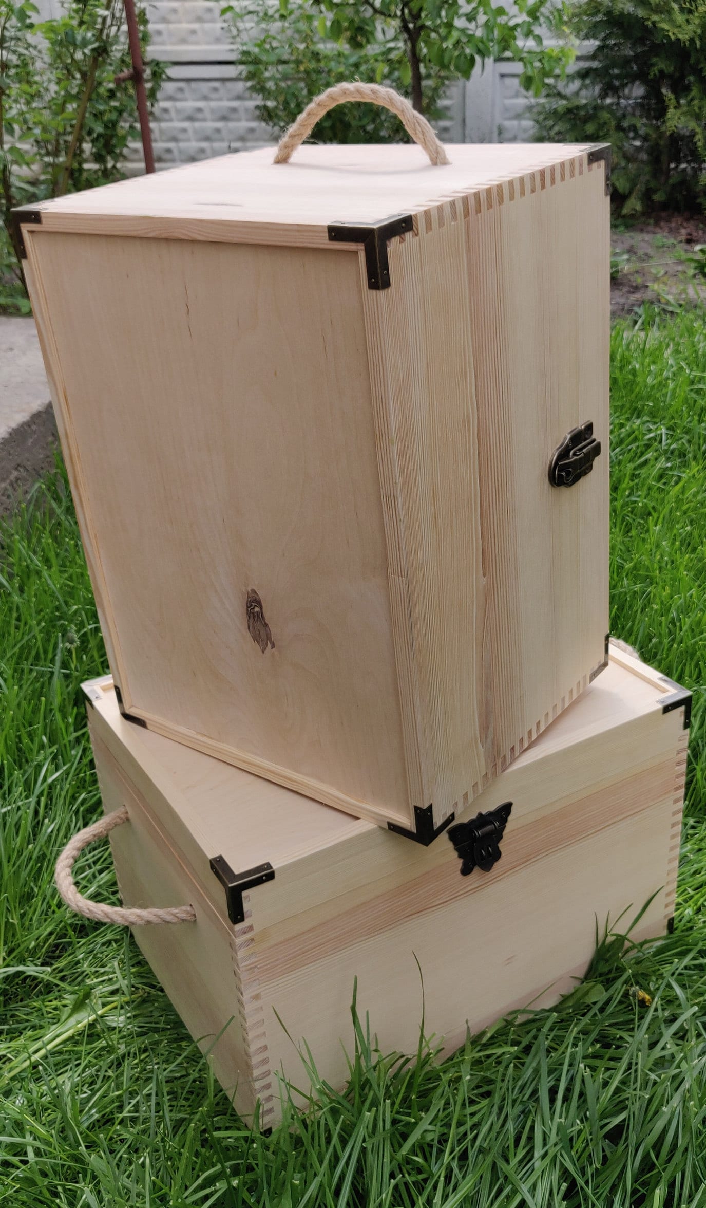 Unfinished large wooden box with hinged lid and jute handles Etsy