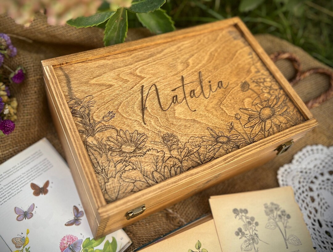 Personalized Memory Box, Custom Vintage Style Summer Meadow Wooden