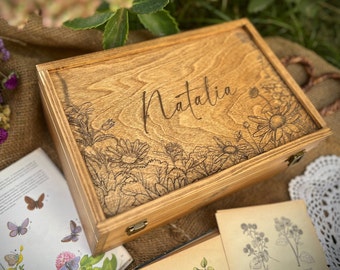 Personalized Memory Box, Custom Vintage Style Summer Meadow Wooden Keepsake box, Handmade Box, Gift for Mom Her, Wooden Box with Hinged Lid