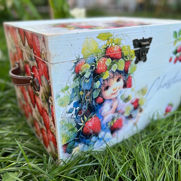 Personalized Handmade Large Strawberry Decoupage Wooden Storage Keepsake Trinket Box with Hinged Lid for Girlfriend Kids Baby, Memory Box