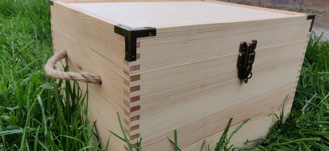 Unfinished large wooden box with hinged lid and jute handles Etsy